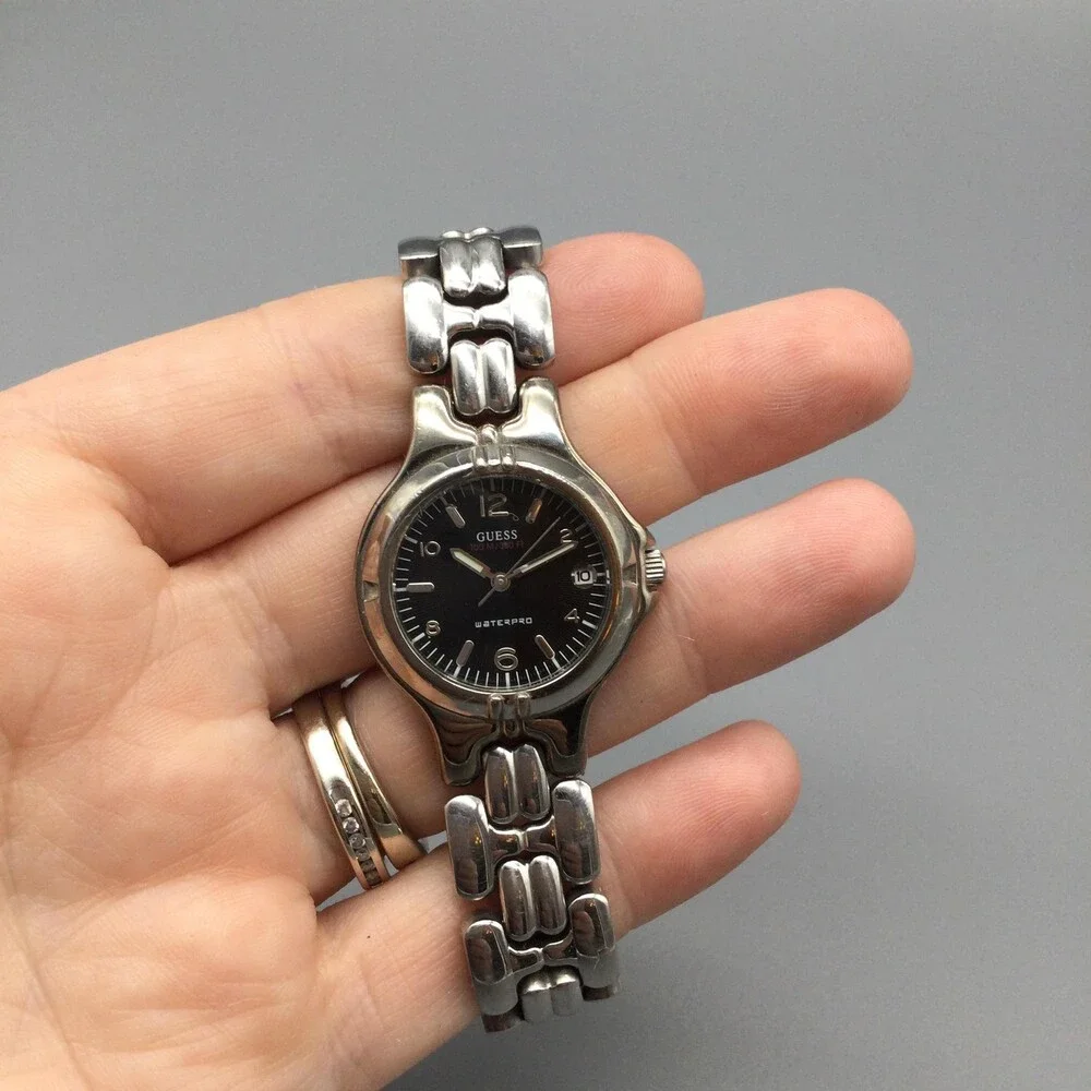 Vintage Guess Womens Watch 25mm Silver Tone Black Dial Date New Battery 6.5